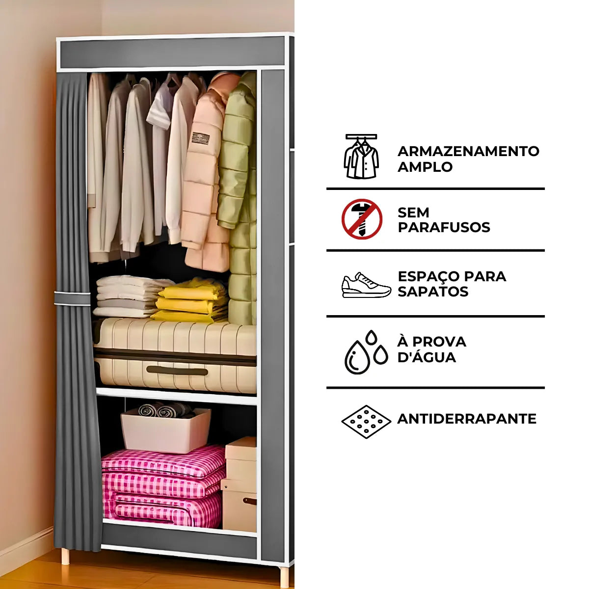 Guarda Roupa Closet Dobrável Organizador com Capa de Tecido - Cinza